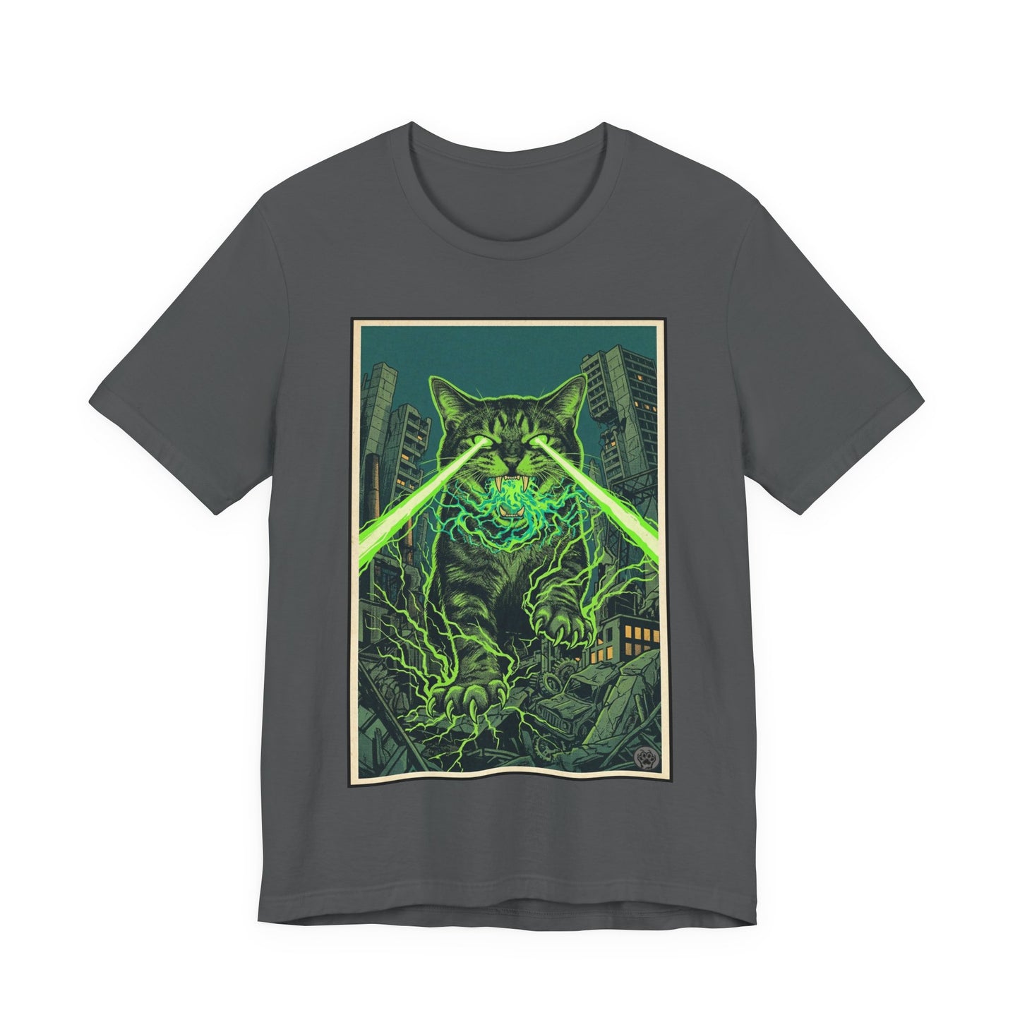 City Cat Attacks! - Green Laser-Eyed Monster Cat T-Shirt — Neon Godzilla-Style Graphic Tee