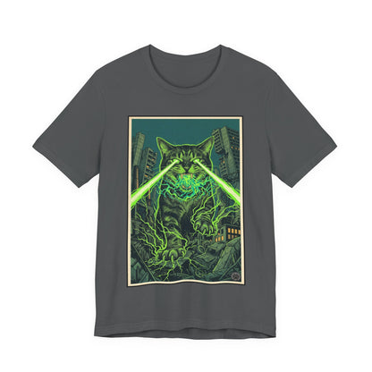 City Cat Attacks! - Green Laser-Eyed Monster Cat T-Shirt — Neon Godzilla-Style Graphic Tee