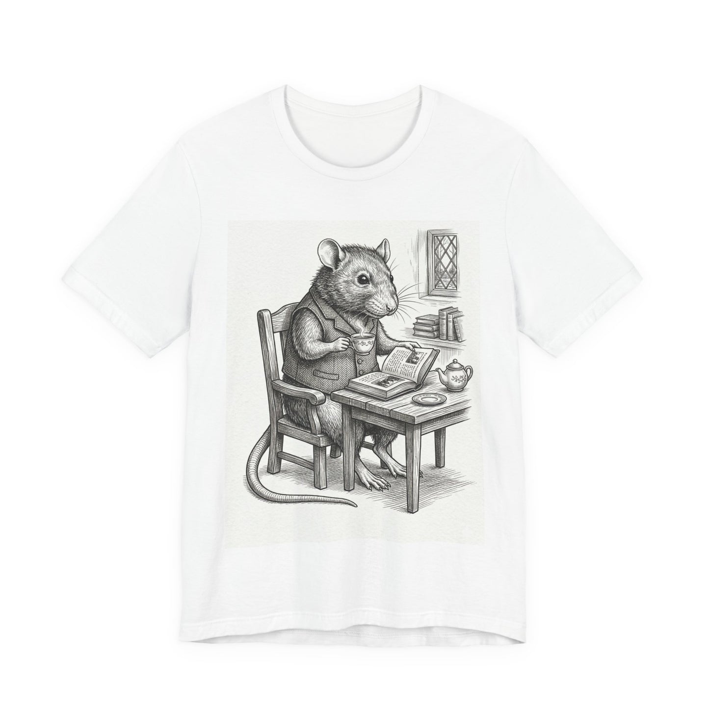 Ratney - "Cup of Tea & A Good Book" - Rodent Scholar T‑Shirt — Vintage Style Illustration of a Reading Rat with Tea