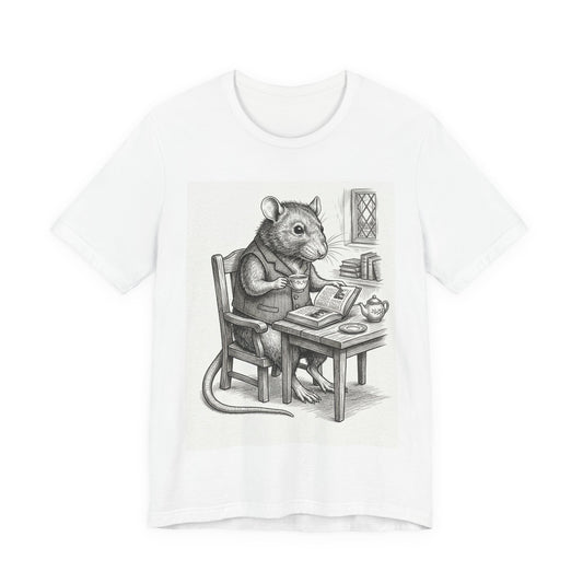 Ratney - "Cup of Tea & A Good Book" - Rodent Scholar T‑Shirt — Vintage Style Illustration of a Reading Rat with Tea
