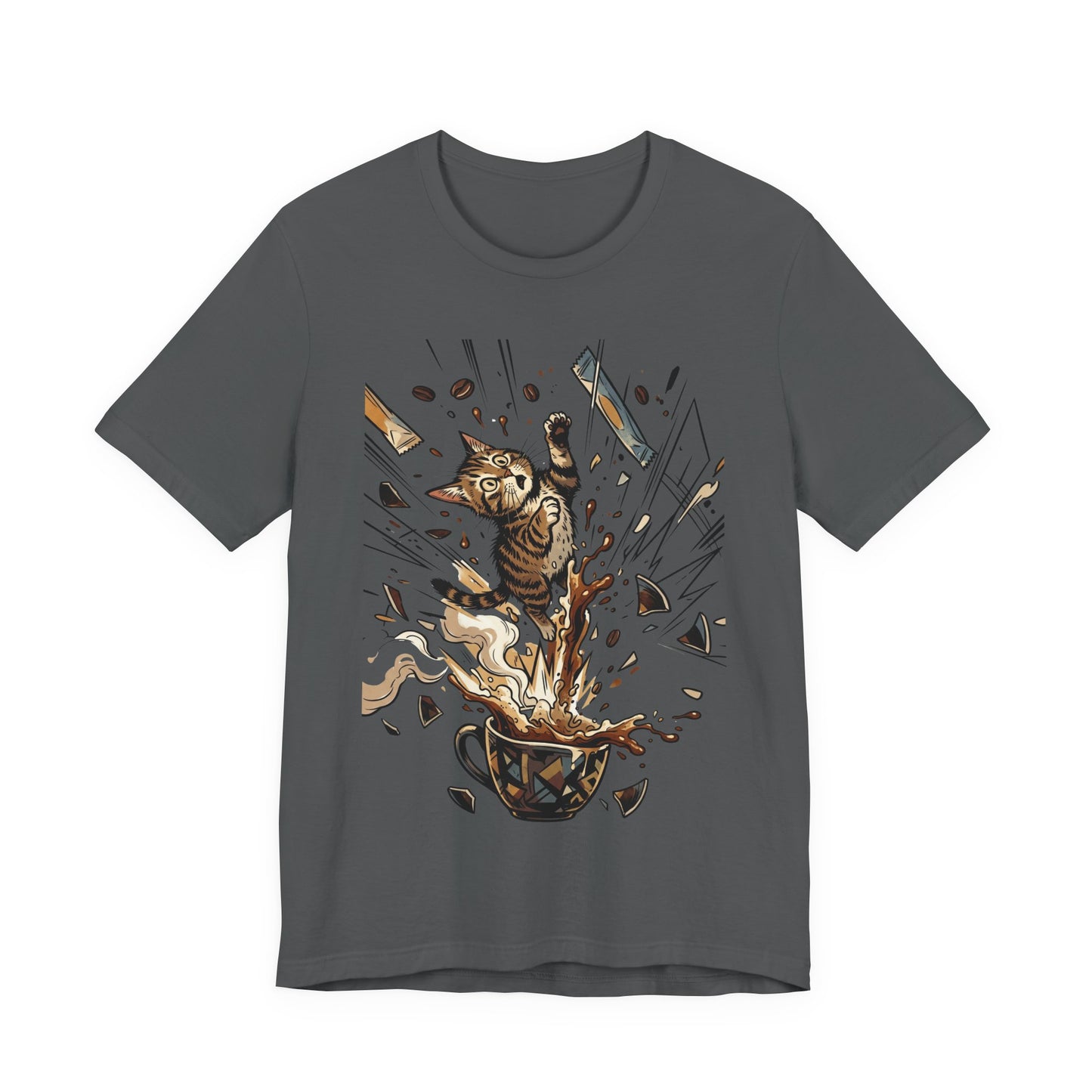 VOID - Cat Jumping Out of Coffee Cup T-Shirt – Exploding Coffee Cat Design
