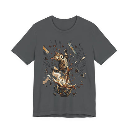 VOID - Cat Jumping Out of Coffee Cup T-Shirt – Exploding Coffee Cat Design