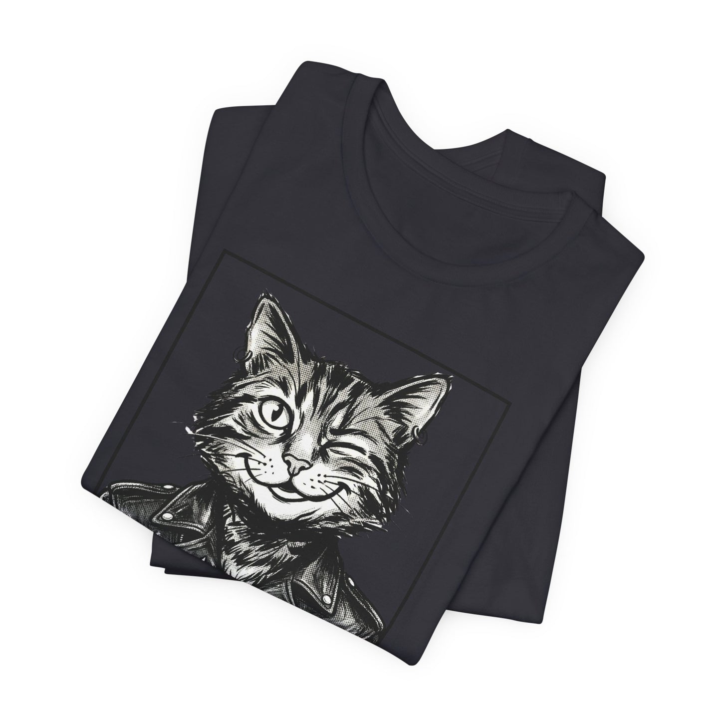WinkyCat - Leather Jacket & Snarky Gesture - Cat Biker Tee — Grinning Cat in Leather Jacket Graphic T-Shirt