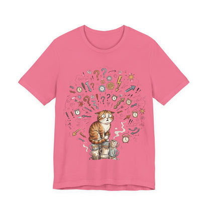 VOID - Overwhelmed! Coffee Cat Tee — Cute Cat with Question Marks Graphic T-Shirt