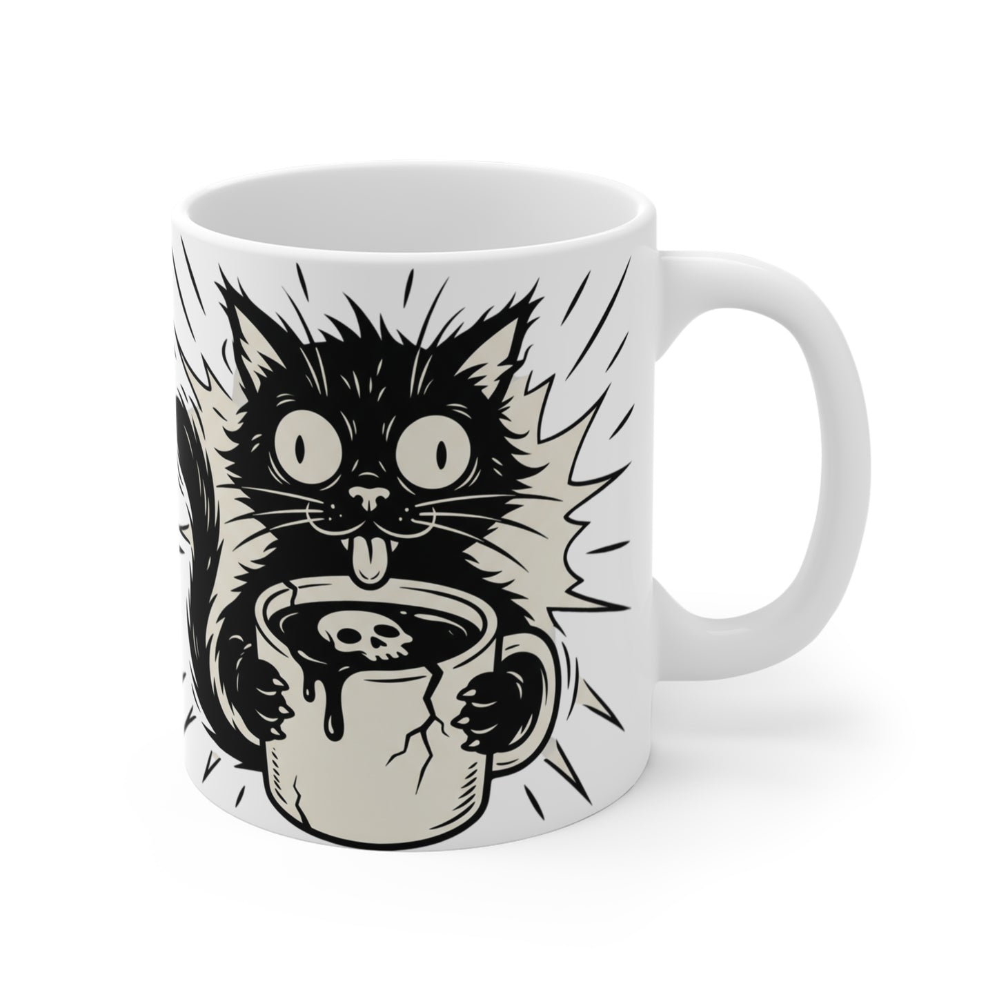VOID - Cat Coffee Mug — Cute Spooky Black Cat Drinking Coffee 11oz