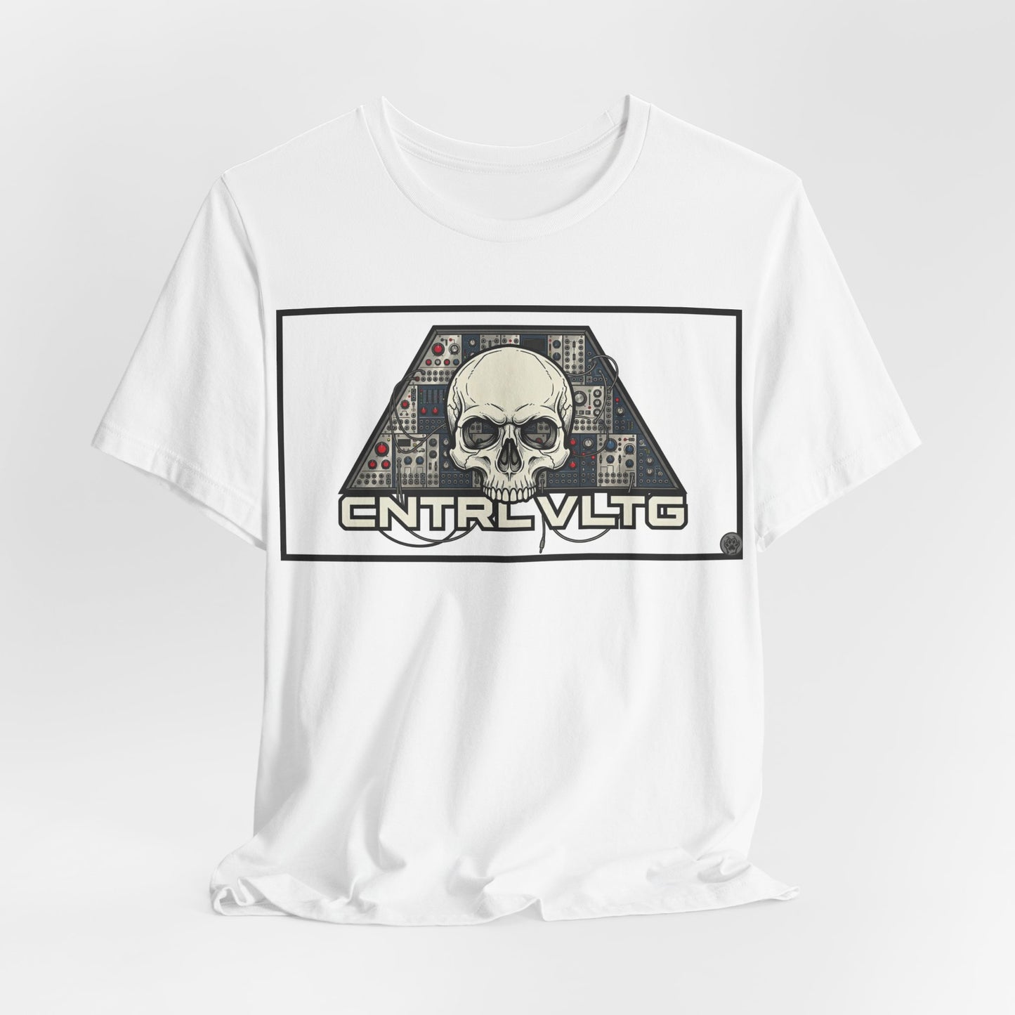 CV Control Voltage = TriBase White - Modular Synth Skull Analog Circuit Tee — “CNTRL VLTG” Retro Tech Graphic T-Shirt