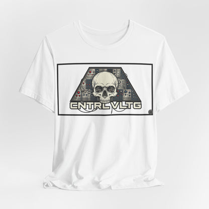CV Control Voltage = TriBase White - Modular Synth Skull Analog Circuit Tee — “CNTRL VLTG” Retro Tech Graphic T-Shirt
