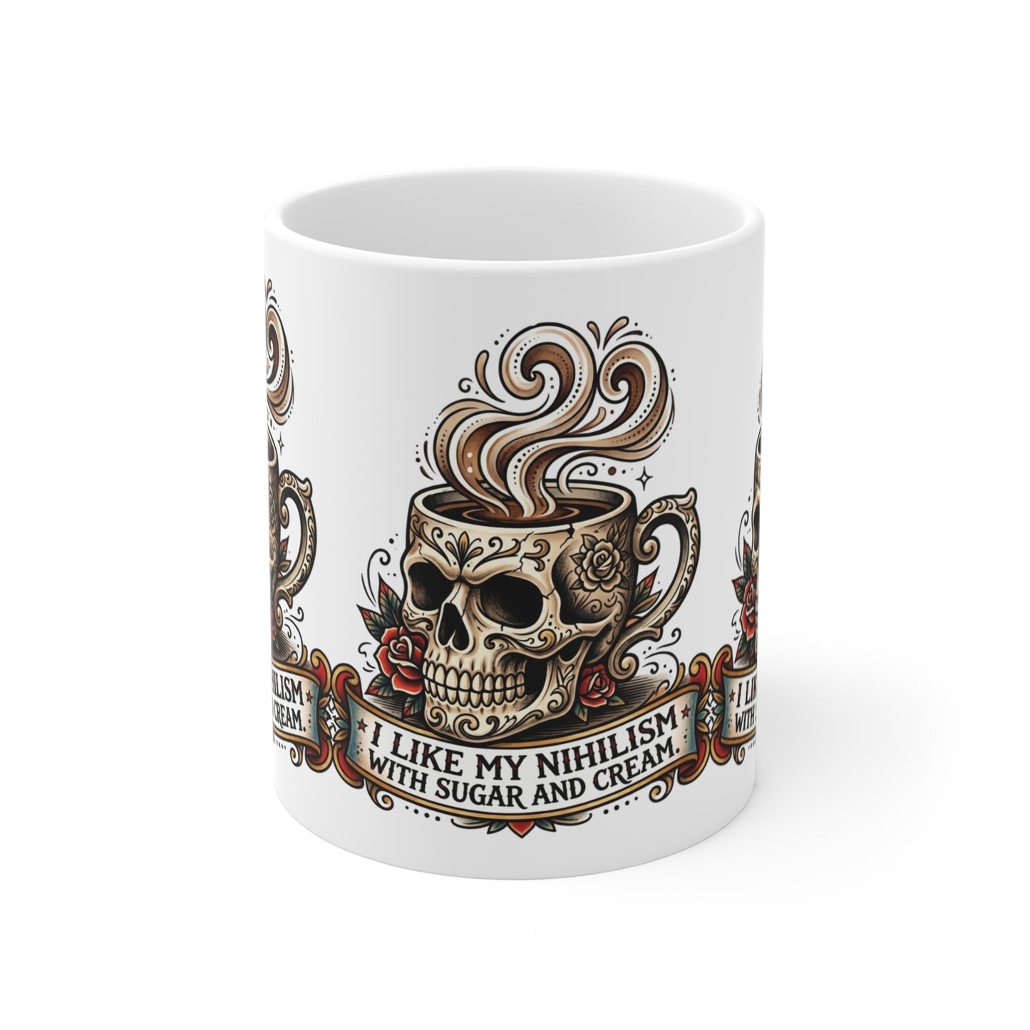 VOID - Vintage Tattoo Skull Coffee Mug - “I Like My Nihilism With Sugar and Cream” 11oz