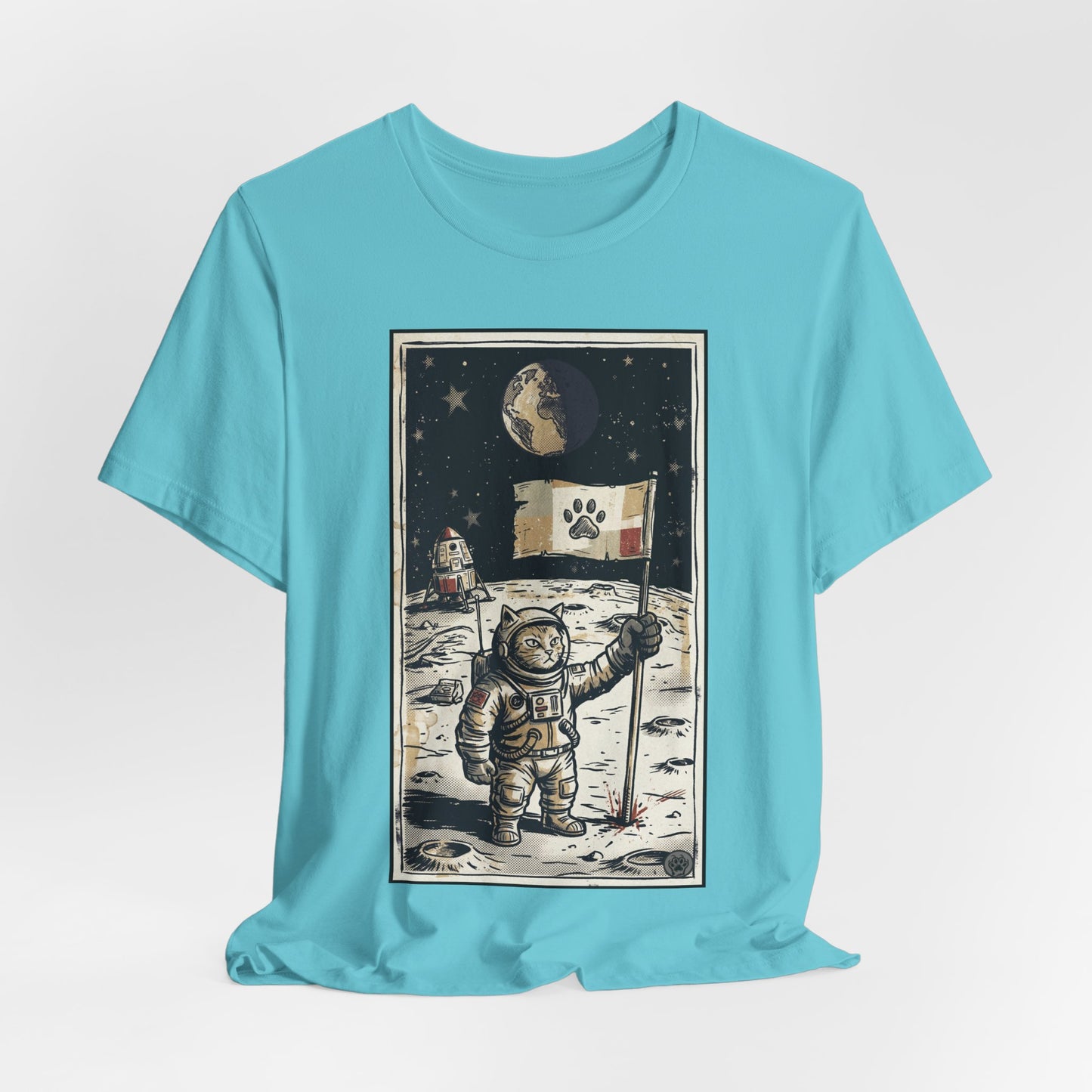 SpaceCat - Conquers The Moon! - Astronaut Cat Moon T-Shirt — Vintage Styled Space Kitty Flag Tee