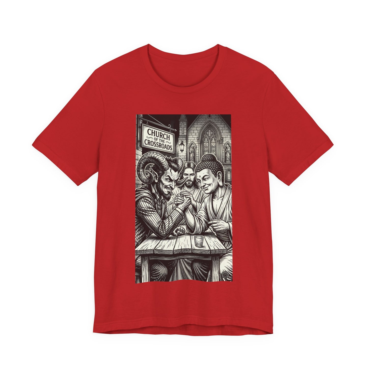 Crossroads T-Shirt — Religious Humor Satirical Arm Wrestling Graphic Tee