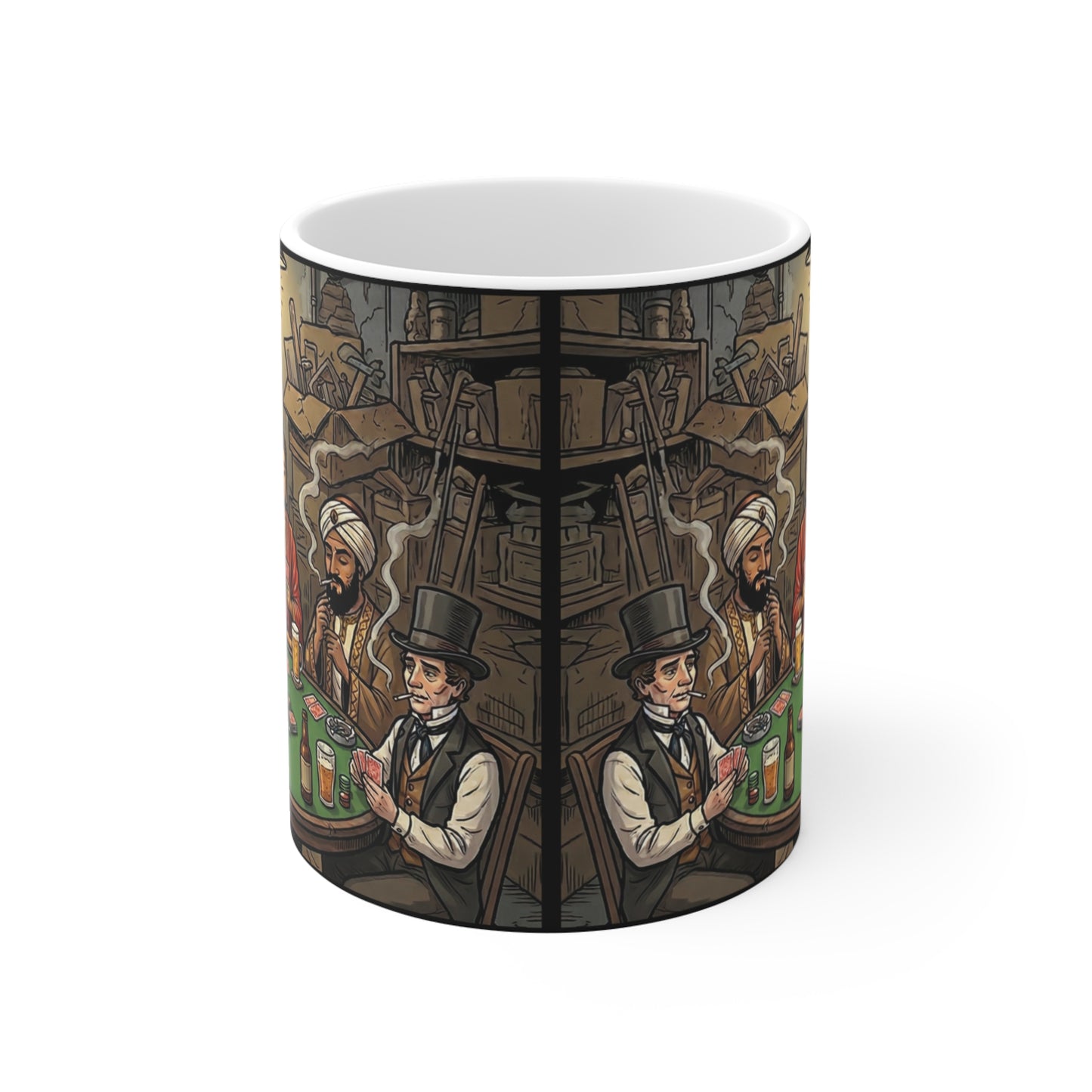Playing For Keeps - 11oz Mug Ambi Handle — Buddha, Jesus & Devil Poker Night Illustrated Ceramic Coffee Cup - Religious Humor