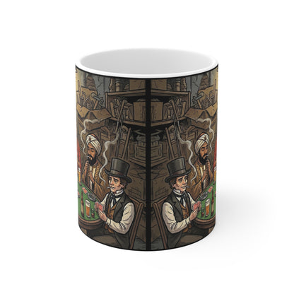 Playing For Keeps - 11oz Mug Ambi Handle — Buddha, Jesus & Devil Poker Night Illustrated Ceramic Coffee Cup - Religious Humor