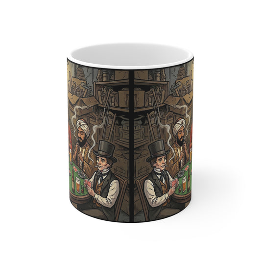 Playing For Keeps - 11oz Mug Ambi Handle — Buddha, Jesus & Devil Poker Night Illustrated Ceramic Coffee Cup - Religious Humor