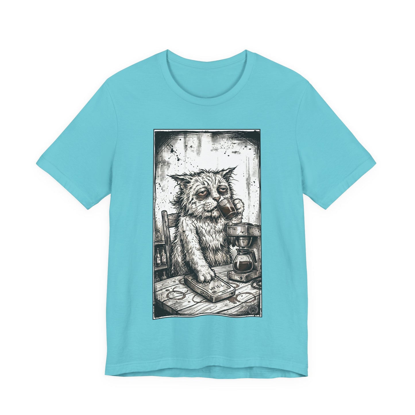 Scraps "GFM" - Cat Drinking Coffee T-Shirt — Tired Depressed Cat Graphic Tee
