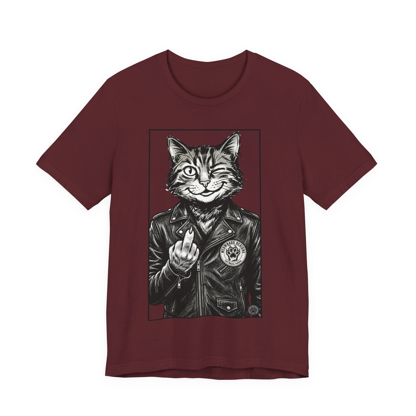 WinkyCat - Leather Jacket & Snarky Gesture - Cat Biker Tee — Grinning Cat in Leather Jacket Graphic T-Shirt