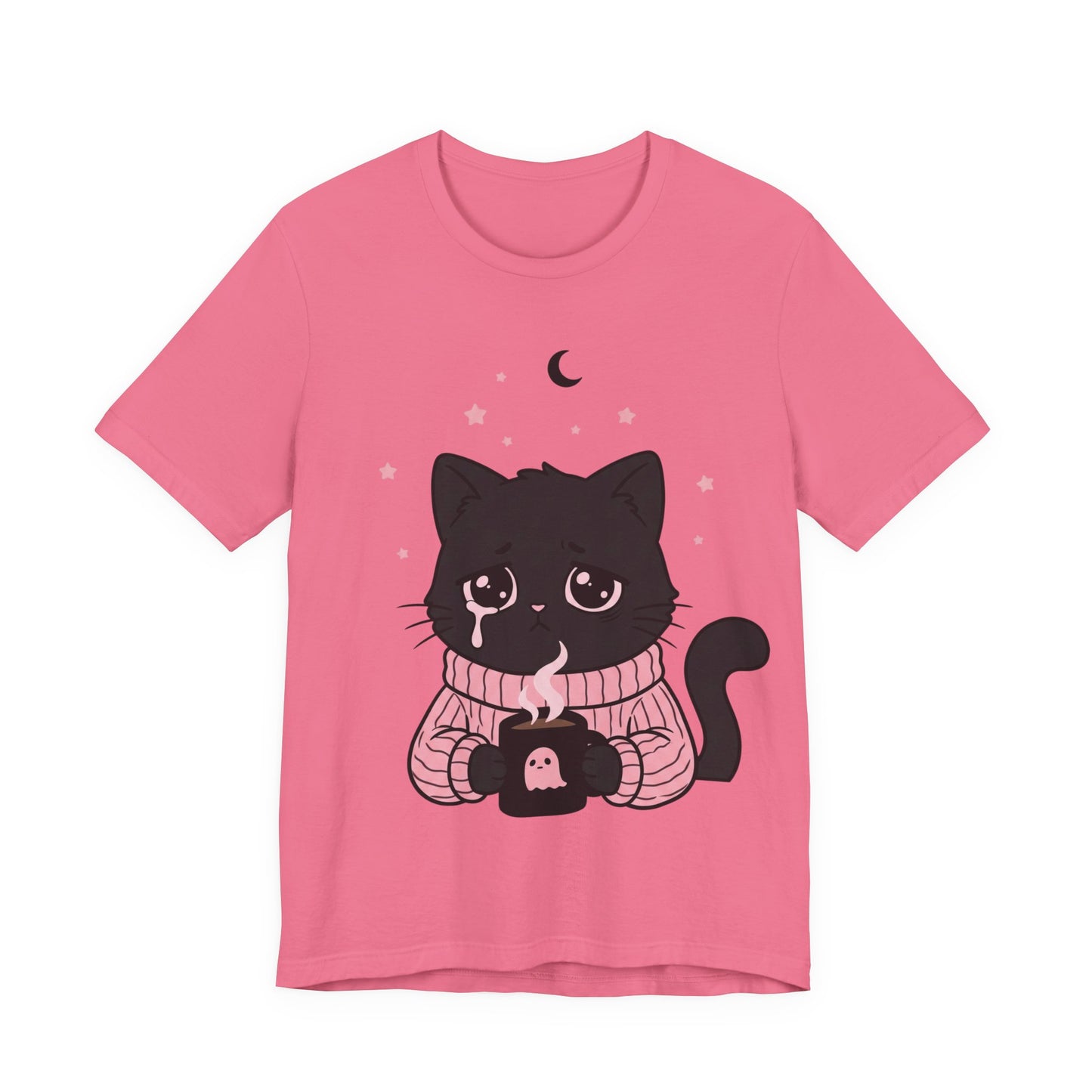 VOID - Cute Sad Black Cat Holding Hot Coffee T‑Shirt — Cozy Pink Sweater Kitty Tee