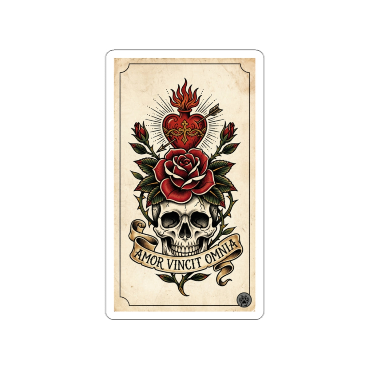 AVO-1 Sticker — Vintage 'Amor Vincit Omnia' Skull & Rose Die-Cut Tattoo Sticker