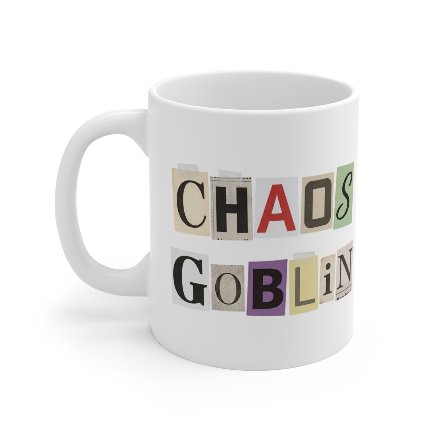 Chaos Goblin Mug — Funny Ransom-Note Style Coffee Cup
