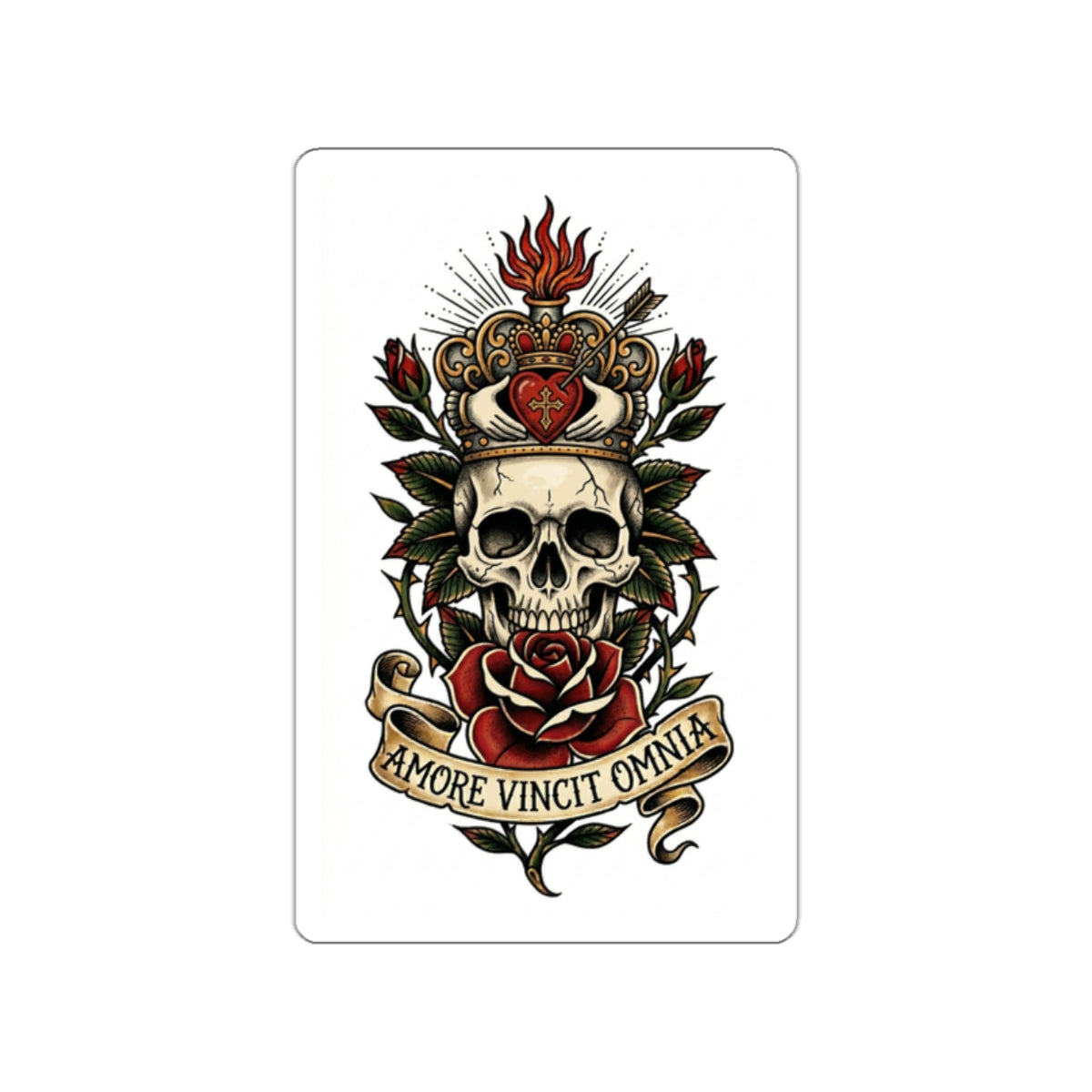 AVO-2 Claddagh Crown - Skull & Rose Die-Cut Sticker — 'Amore Vincit Omnia' Gothic Vintage Tattoo Design
