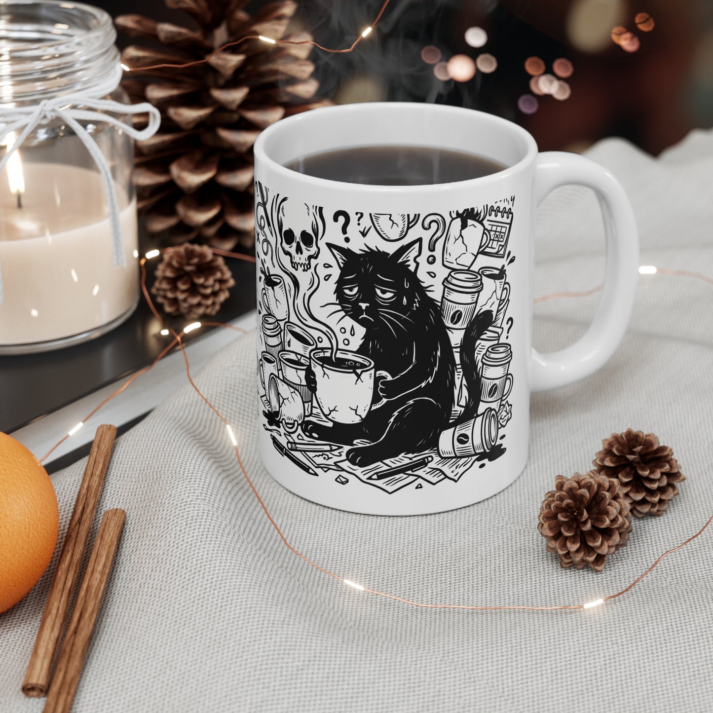 VOID - Overwhelmed Black Cat Coffee Mug – Gothic Cat & Skull 11oz Ceramic Mug