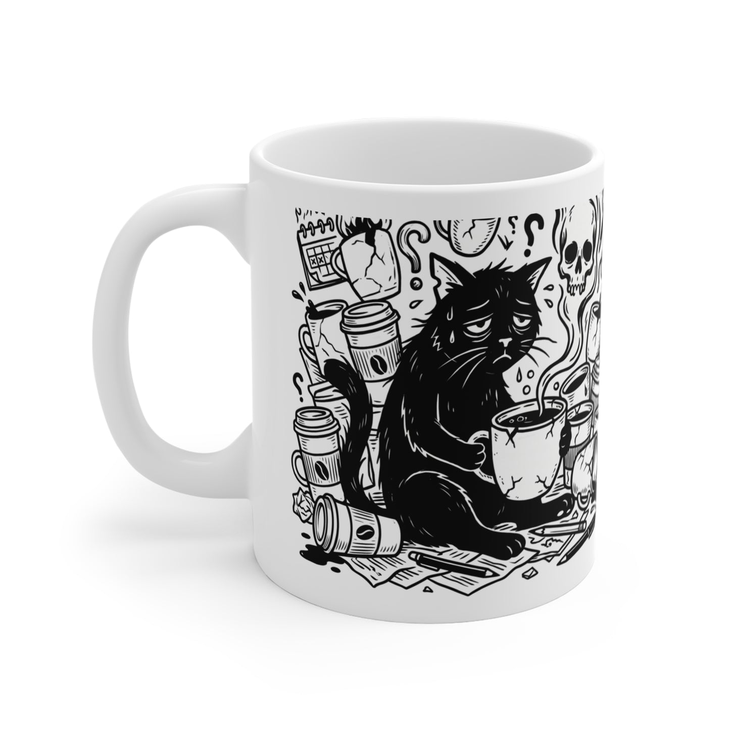VOID - Overwhelmed Black Cat Coffee Mug – Gothic Cat & Skull 11oz Ceramic Mug