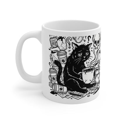 VOID - Overwhelmed Black Cat Coffee Mug – Gothic Cat & Skull 11oz Ceramic Mug