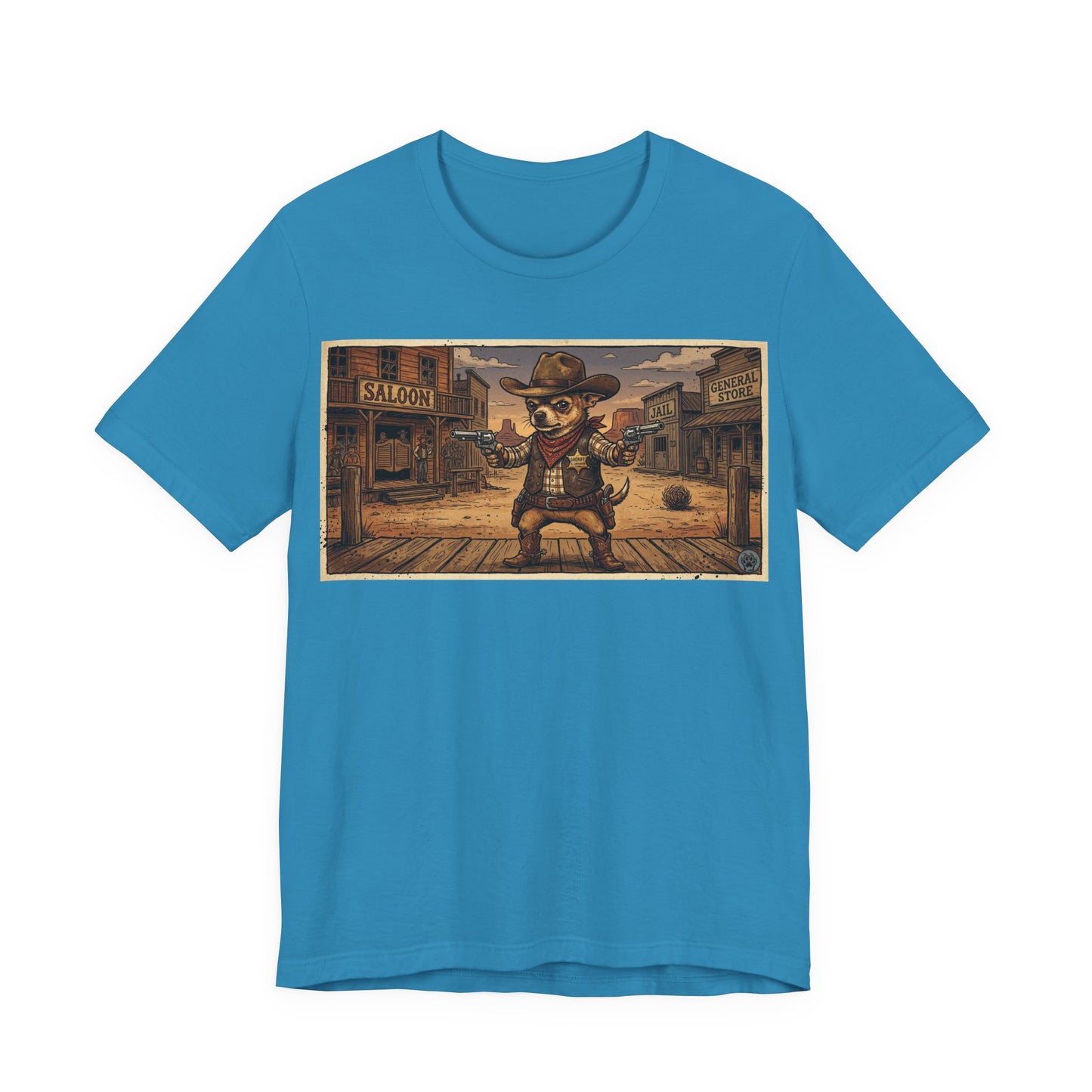 SheriffPaco - Horizontal - Western Cowboy Sheriff Chihuahua T-Shirt — Vintage Saloon Puppy Dog Graphic Tee
