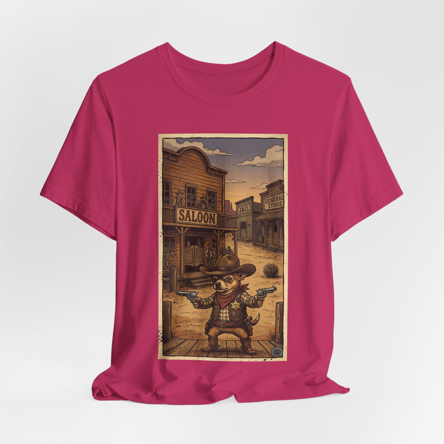 SheriffPaco - Vertical - Chihuahua Sheriff Western Saloon Showdown T-Shirt — Vintage Cowboy Sheriff Puppy Dog Graphic Tee
