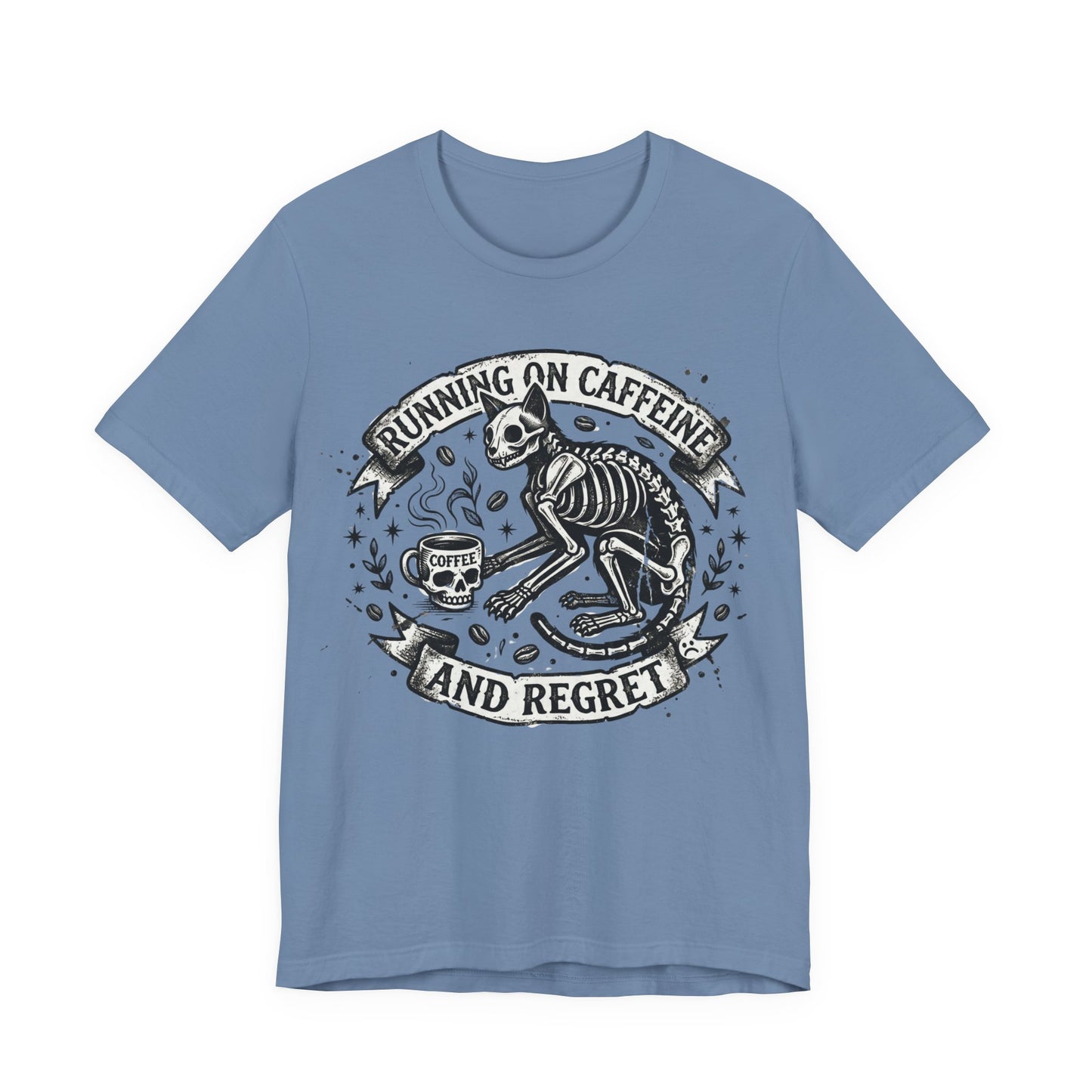 VOID - Running on Caffeine and Regret Tee — Funny Skeleton Cat Coffee T‑Shirt