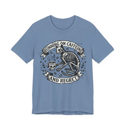 VOID - Running on Caffeine and Regret Tee — Funny Skeleton Cat Coffee T‑Shirt
