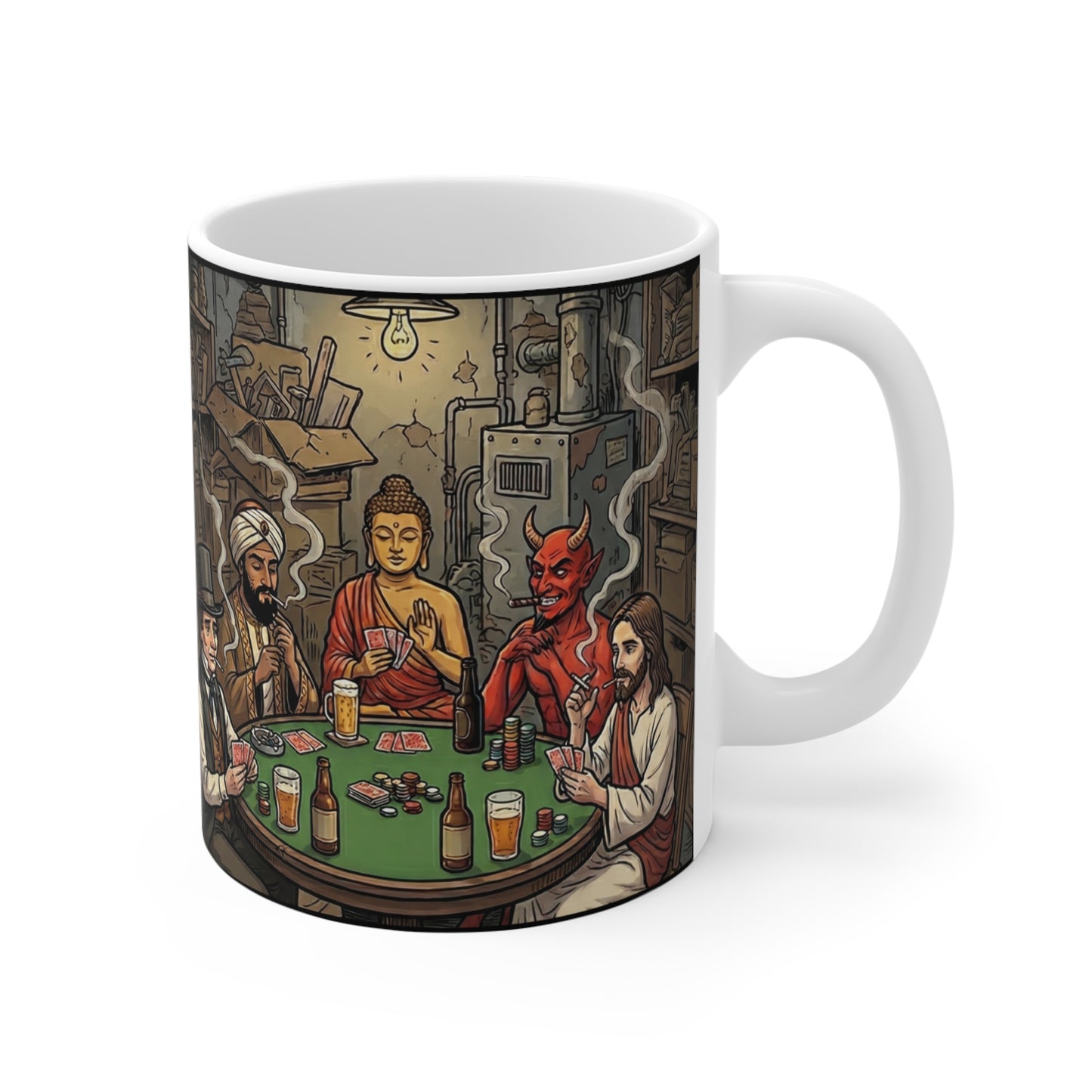 Playing For Keeps - 11oz Mug Ambi Handle — Buddha, Jesus & Devil Poker Night Illustrated Ceramic Coffee Cup - Religious Humor