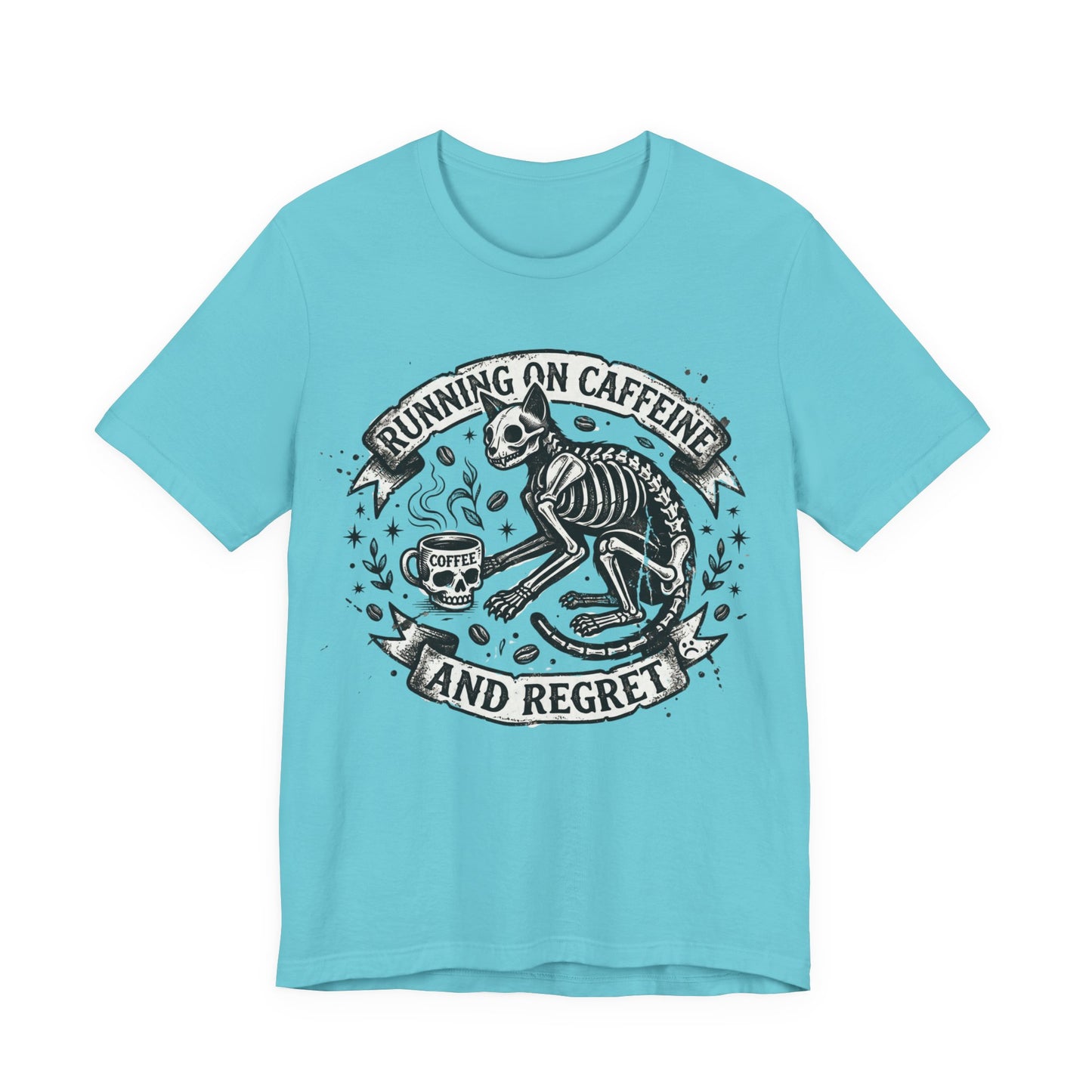 VOID - Running on Caffeine and Regret Tee — Funny Skeleton Cat Coffee T‑Shirt