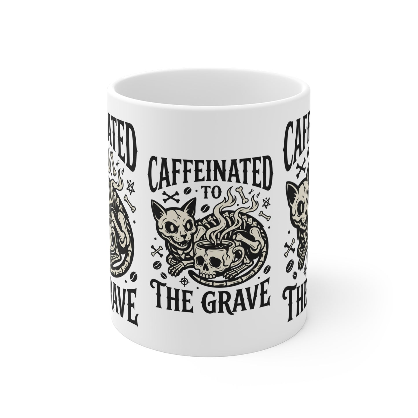 VOID - Caffeinated to the Grave Coffee Mug — Gothic Cat & Skull 11oz