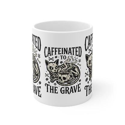 VOID - Caffeinated to the Grave Coffee Mug — Gothic Cat & Skull 11oz