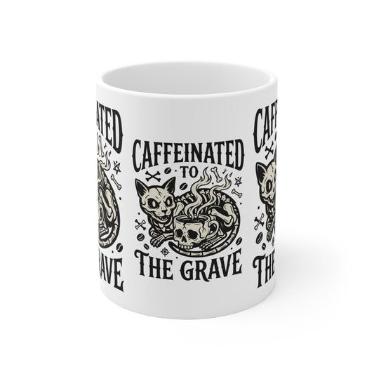 VOID - Caffeinated to the Grave Coffee Mug — Gothic Cat & Skull 11oz