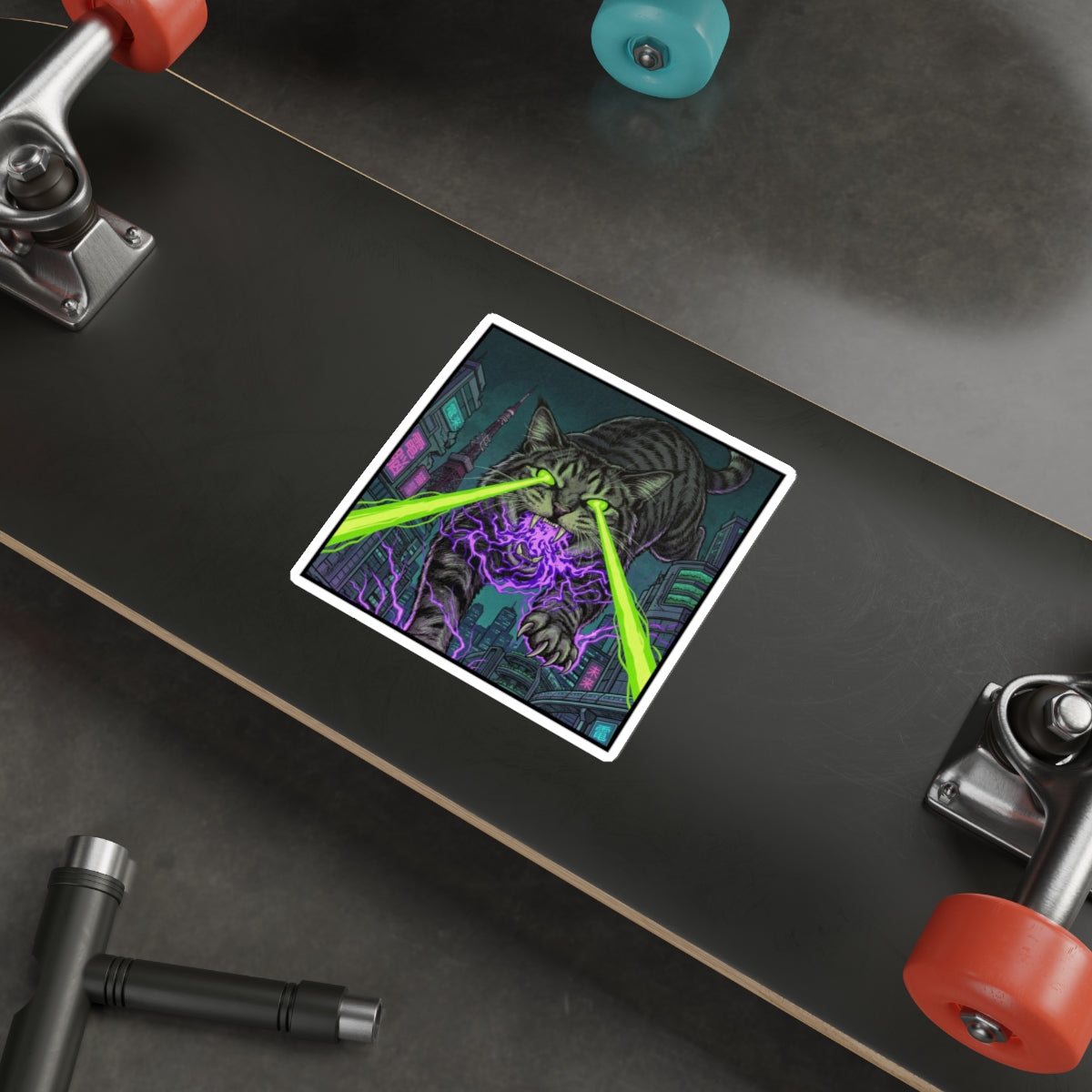 CityCat Attacks! - Green Lasers - Laser-Eyed Cat Sticker — Cyberpunk Neon City Die-Cut Sticker
