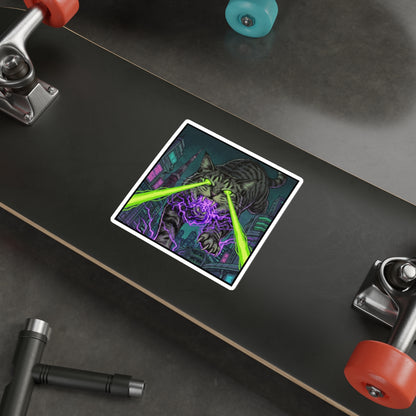 CityCat Attacks! - Green Lasers - Laser-Eyed Cat Sticker — Cyberpunk Neon City Die-Cut Sticker
