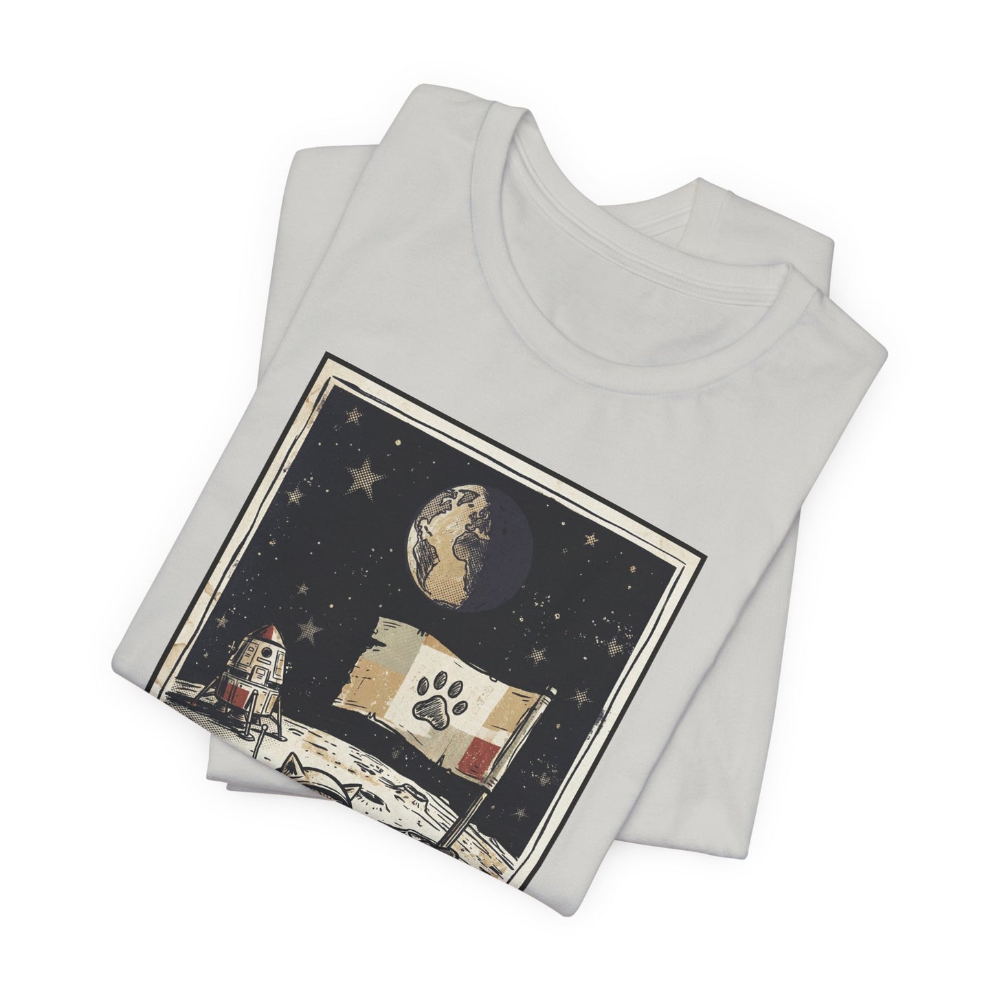 SpaceCat - Conquers The Moon! - Astronaut Cat Moon T-Shirt — Vintage Styled Space Kitty Flag Tee