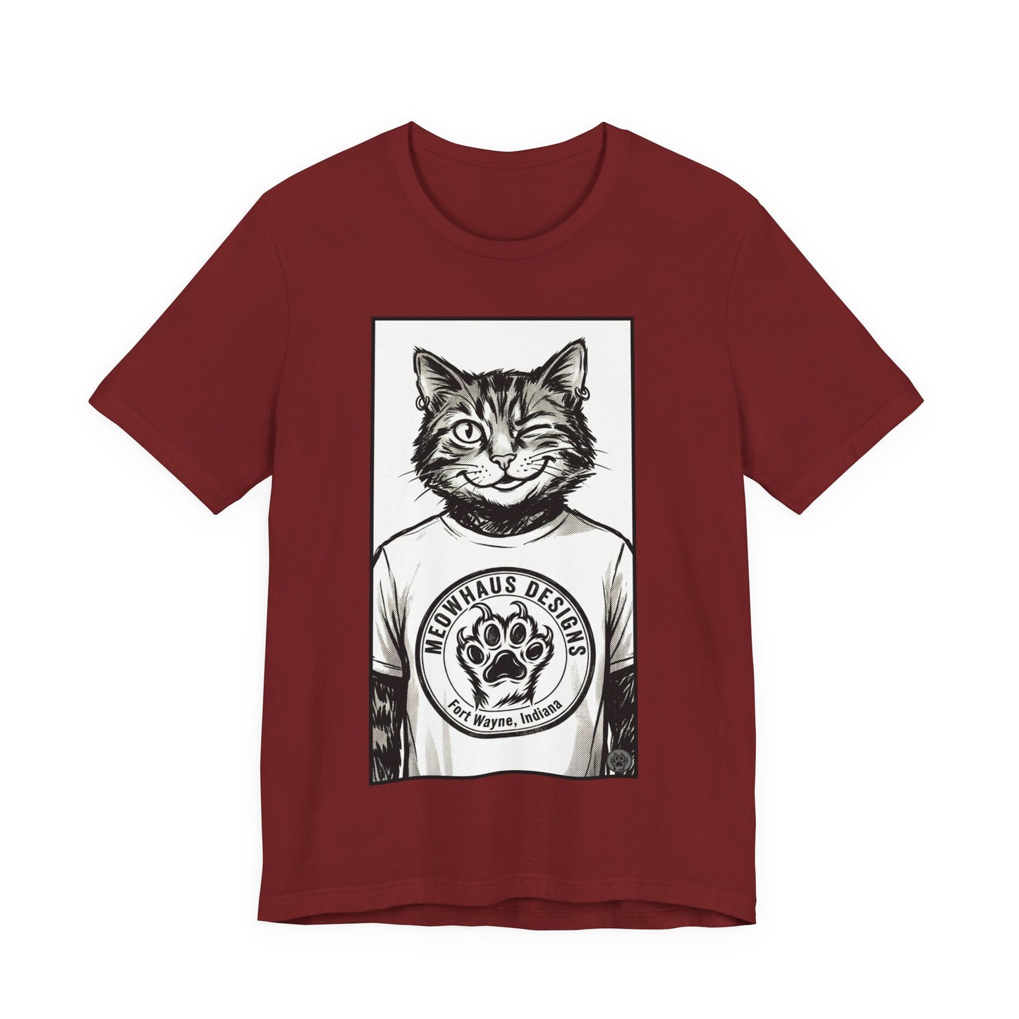 WinkyCat - Wearing the MHD Logo T-Shirt - Cat Portrait T‑Shirt — Retro Graphic Cat Wearing Logo Tee
