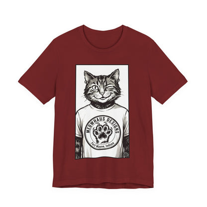 WinkyCat - Wearing the MHD Logo T-Shirt - Cat Portrait T‑Shirt — Retro Graphic Cat Wearing Logo Tee