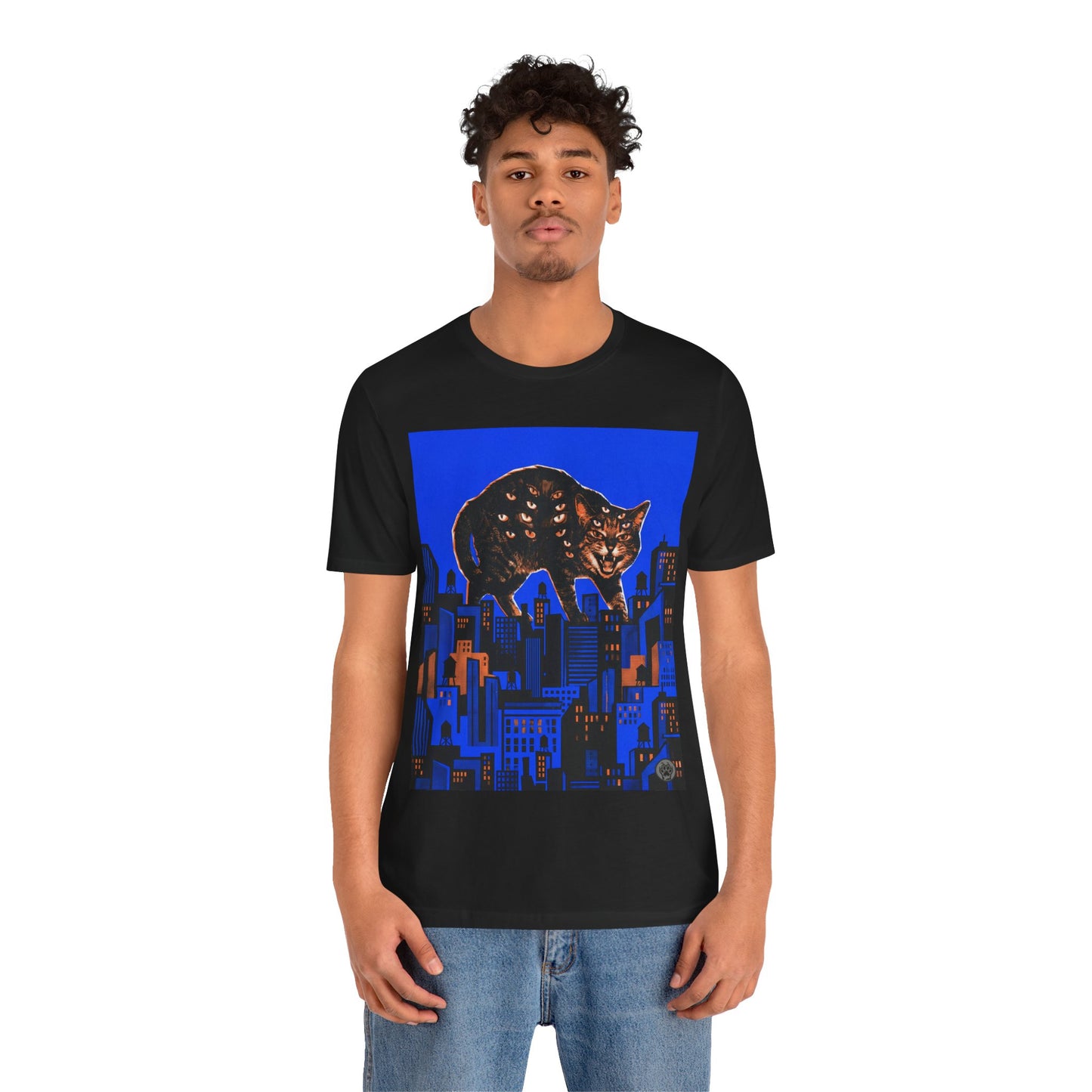 City Cat Attacks! - Collage Poster Blue Vertical - Black Cat Over Cityscape T-Shirt — Halloween Urban Night Graphic Tee