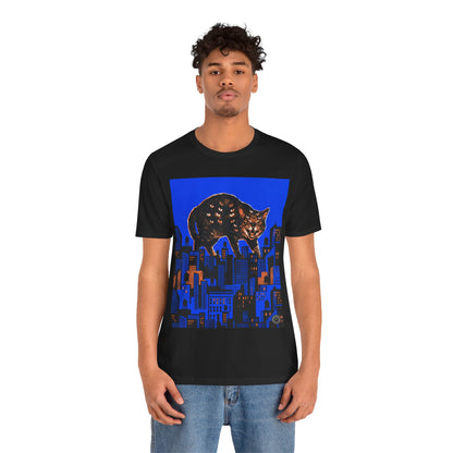 City Cat Attacks! - Collage Poster Blue Vertical - Black Cat Over Cityscape T-Shirt — Halloween Urban Night Graphic Tee