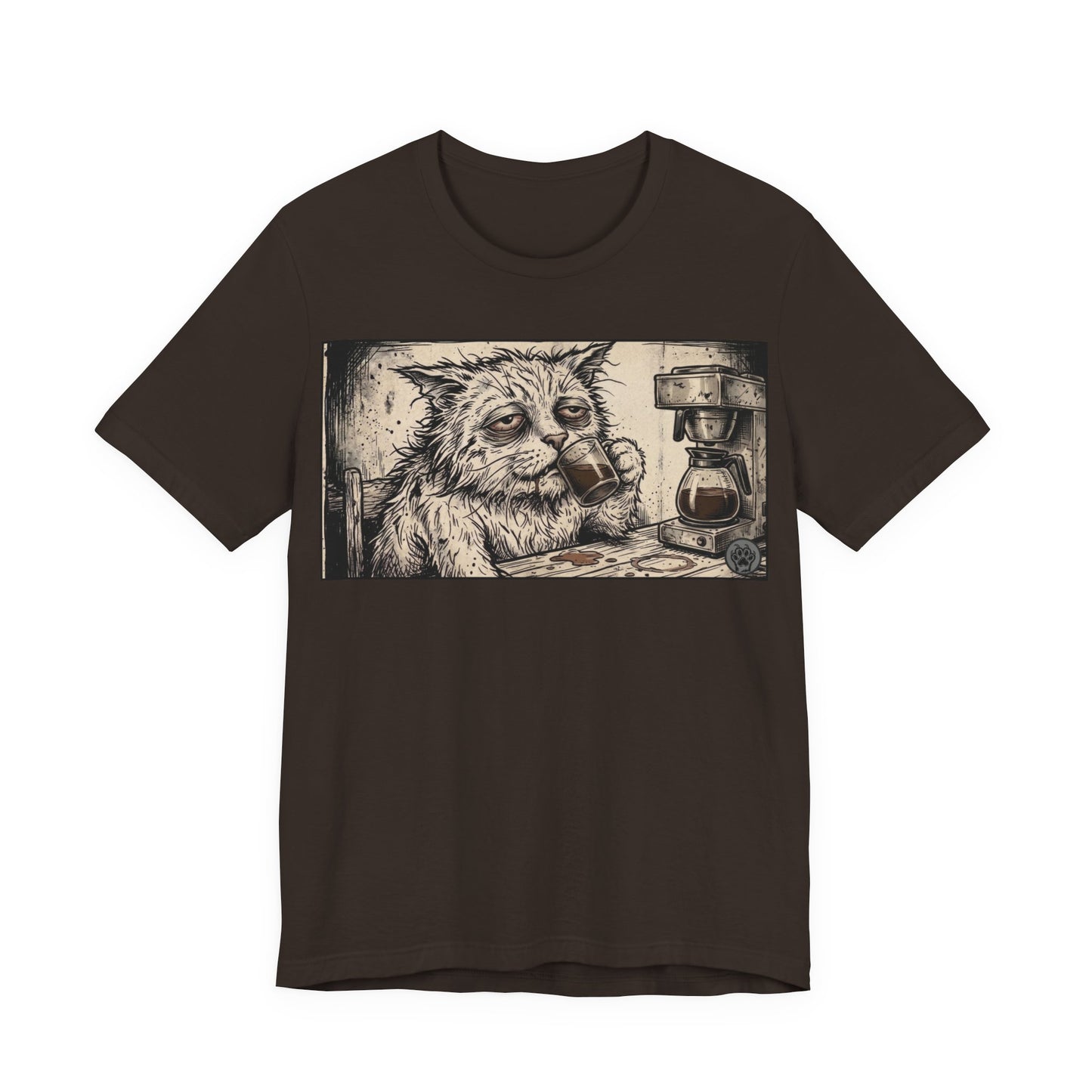 Scraps "GFM" Horizontal - Cat Drinking Coffee T‑Shirt — Vintage Sketch Tired Depressed Cat Drinking Coffee Graphic Tee