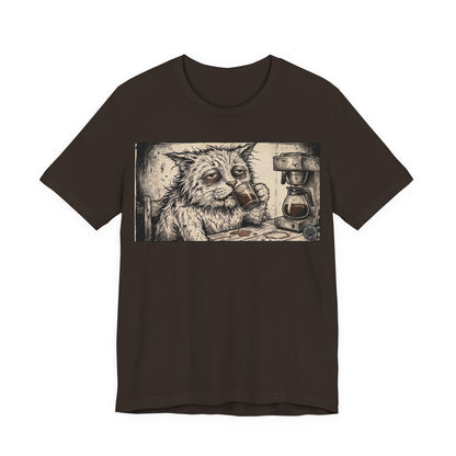 Scraps "GFM" Horizontal - Cat Drinking Coffee T‑Shirt — Vintage Sketch Tired Depressed Cat Drinking Coffee Graphic Tee