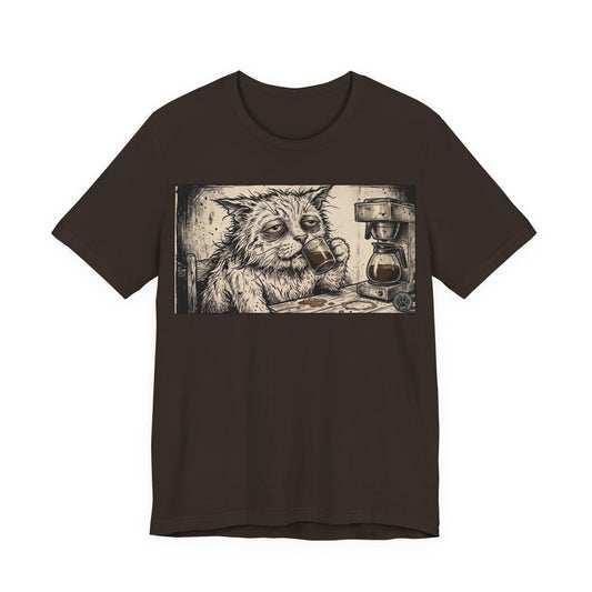Scraps "GFM" Horizontal - Cat Drinking Coffee T‑Shirt — Vintage Sketch Tired Depressed Cat Drinking Coffee Graphic Tee