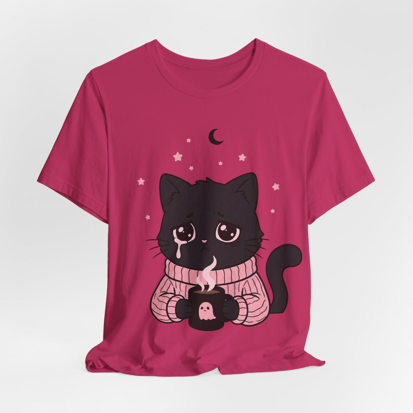 VOID - Cute Sad Black Cat Holding Hot Coffee T‑Shirt — Cozy Pink Sweater Kitty Tee