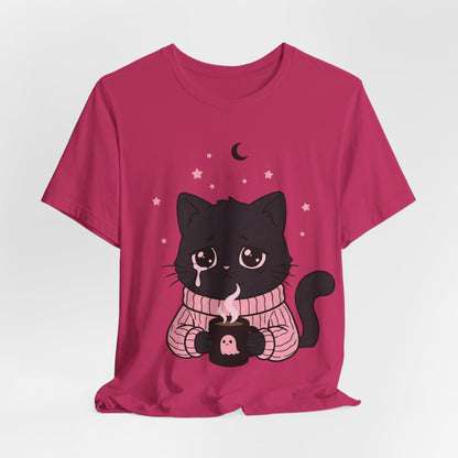 VOID - Cute Sad Black Cat Holding Hot Coffee T‑Shirt — Cozy Pink Sweater Kitty Tee