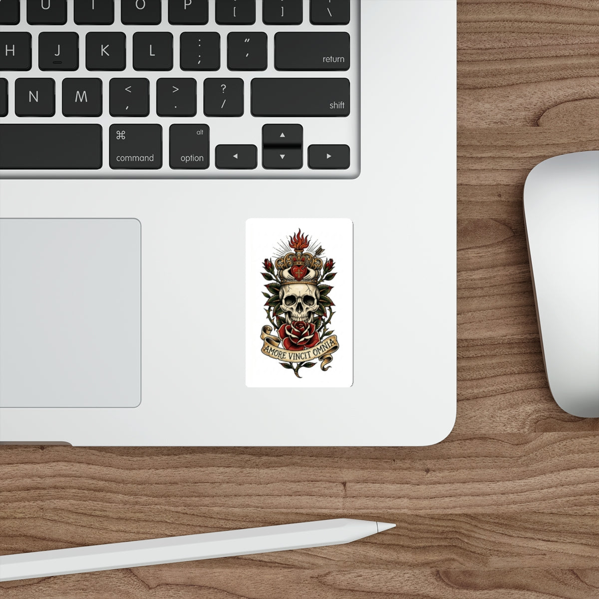 AVO-2 Claddagh Crown - Skull & Rose Die-Cut Sticker — 'Amore Vincit Omnia' Gothic Vintage Tattoo Design