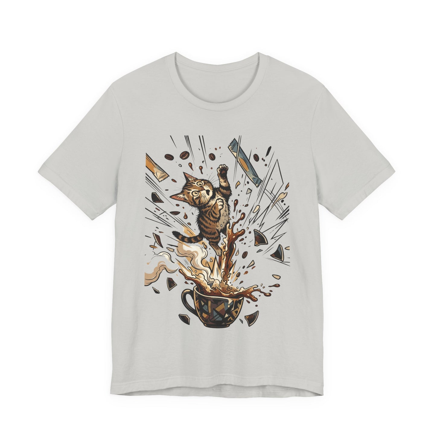 VOID - Cat Jumping Out of Coffee Cup T-Shirt – Exploding Coffee Cat Design