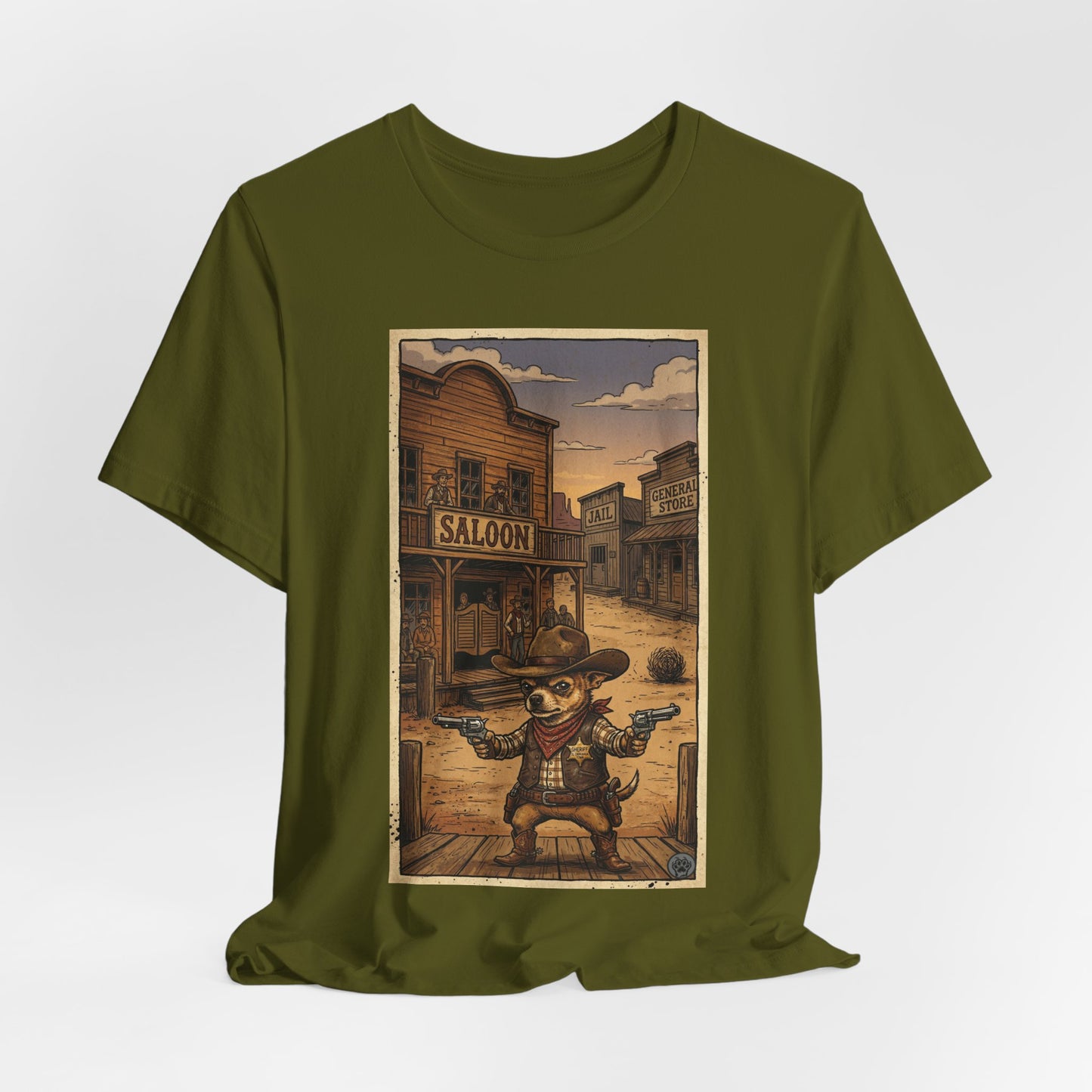 SheriffPaco - Vertical - Chihuahua Sheriff Western Saloon Showdown T-Shirt — Vintage Cowboy Sheriff Puppy Dog Graphic Tee